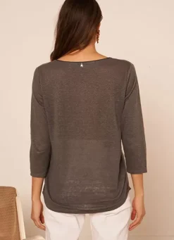 Sud Express T-Shirts|T-Shirt En Lin A Manches 3/4 Et Col V Plomb Tomeoh