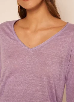 Sud Express T-Shirts|T-Shirt En Lin A Manches 3/4 Et Col V Parme Tomeoh