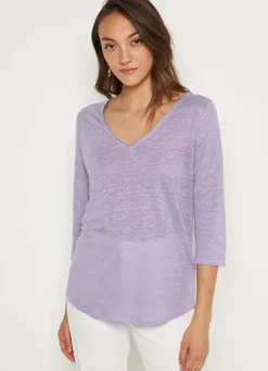 Sud Express T-Shirts|T-Shirt En Lin A Manches 3/4 Et Col V Parme Tomeoh