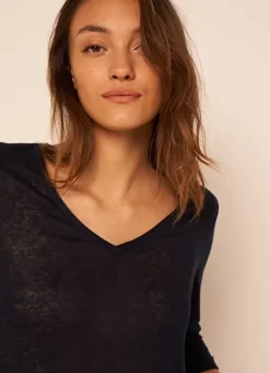 Sud Express T-Shirts|T-Shirt En Lin A Manches 3/4 Et Col V Marine Tomeoh