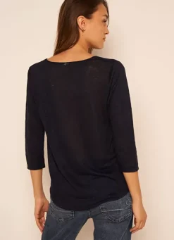 Sud Express T-Shirts|T-Shirt En Lin A Manches 3/4 Et Col V Marine Tomeoh