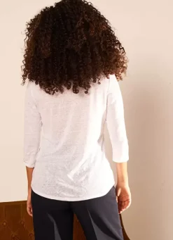 Sud Express T-Shirts|T-Shirt En Lin A Manches 3/4 Et Col V Blanc Tomeoh